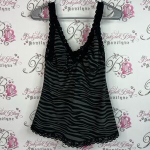 Blush tank top lace Vneck Lacie trim Black and Gray Striped Tank Top zebra